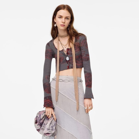 NWOT Zara Limited Ed. grey cropped cardigan w/ red floral print & velvet buttons - Picture 2 of 7